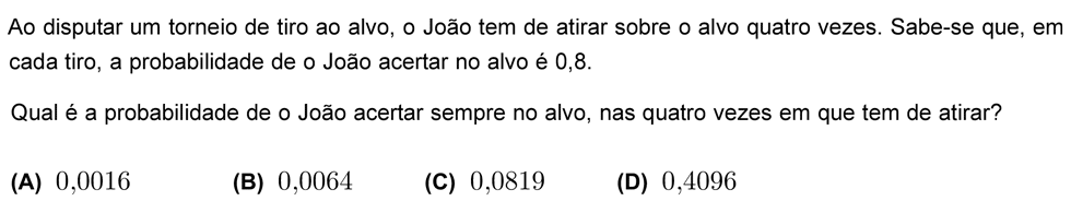 Exercício de escolha múltipla com origem no exame nacional de matemática do 12º ano, publicado em 2008, 2ª fase.