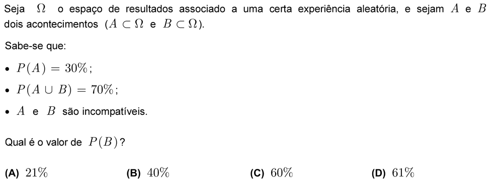 Exercício de escolha múltipla com origem no exame nacional de matemática do 12º ano, publicado em 2010, 1ª fase.