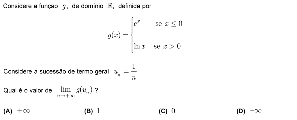 Exercício de escolha múltipla com origem no exame nacional de matemática do 12º ano, publicado em 2010, 2ª fase.