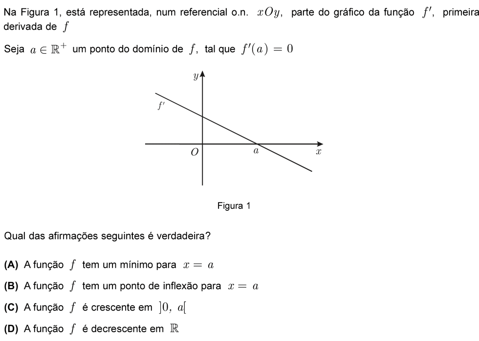 Exercício de escolha múltipla com origem no exame nacional de matemática do 12º ano, publicado em 2010, 2ª fase.