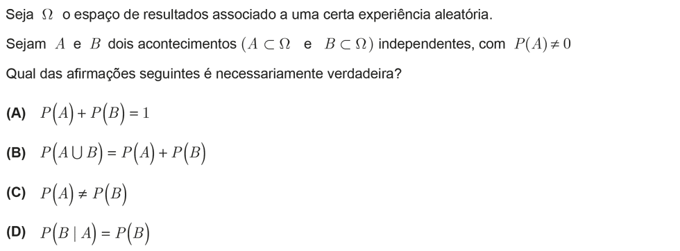 Exercício de escolha múltipla com origem no exame nacional de matemática do 12º ano, publicado em 2011, 1ª fase.