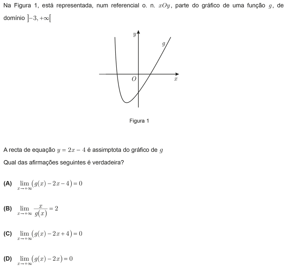 Exercício de escolha múltipla com origem no exame nacional de matemática do 12º ano, publicado em 2011, 1ª fase.