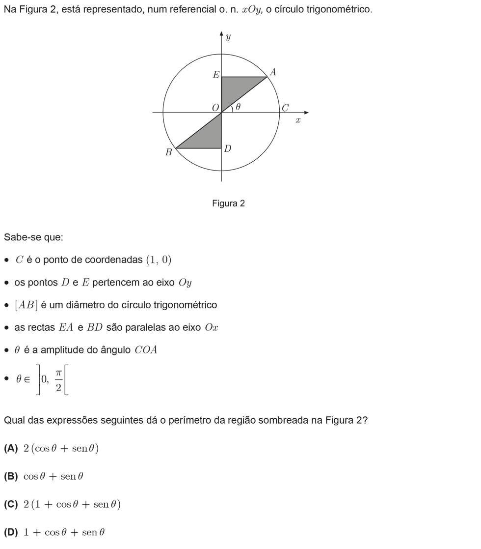 Exercício de escolha múltipla com origem no exame nacional de matemática do 12º ano, publicado em 2011, 2ª fase.