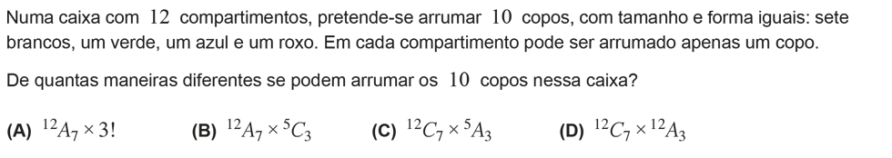 Exercício de escolha múltipla com origem no exame nacional de matemática do 12º ano, publicado em 2012, 1ª fase.