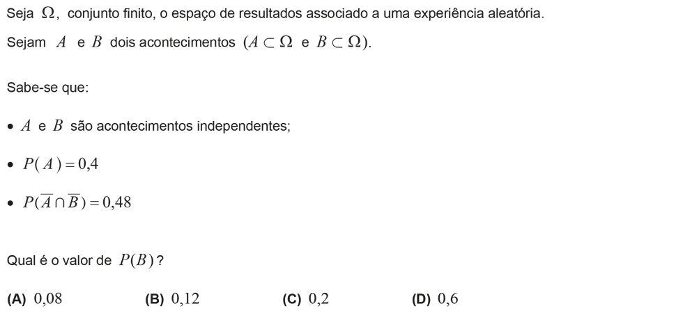 Exercício de escolha múltipla com origem no exame nacional de matemática do 12º ano, publicado em 2014, 2ª fase.