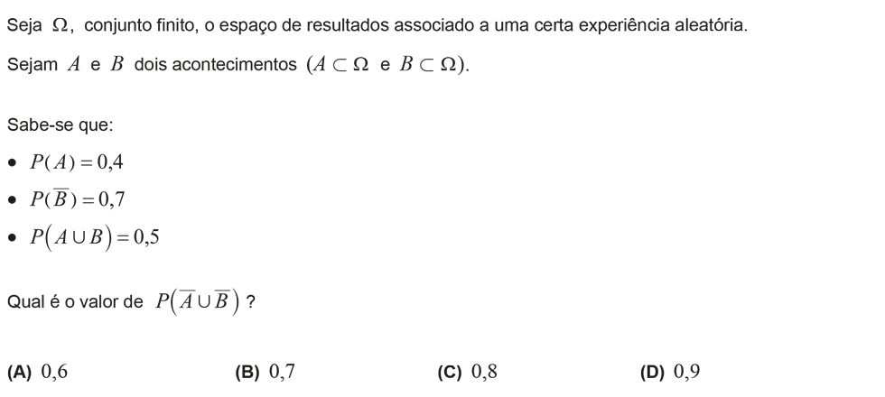 Exercício de escolha múltipla com origem no exame nacional de matemática do 12º ano, publicado em 2015, 1ª fase.