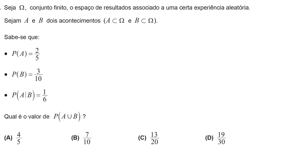 Exercício de escolha múltipla com origem no exame nacional de matemática do 12º ano, publicado em 2016, 1ª fase.