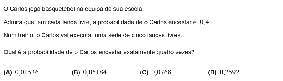 Exercício de escolha múltipla com origem no exame nacional de matemática do 12º ano, publicado em 2016, 2ª fase.