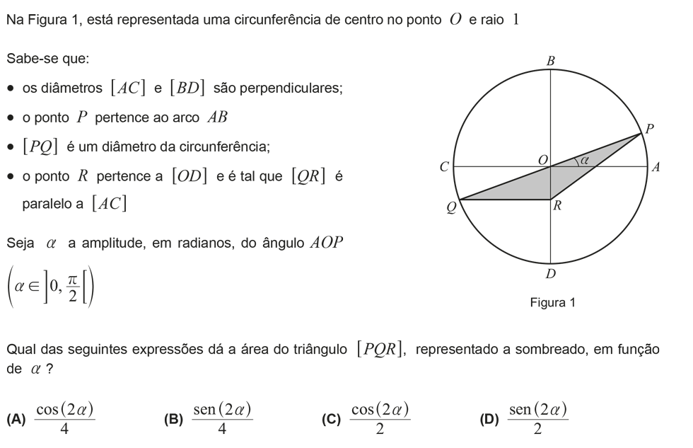 Exercício de escolha múltipla com origem no exame nacional de matemática do 12º ano, publicado em 2016, 2ª fase.