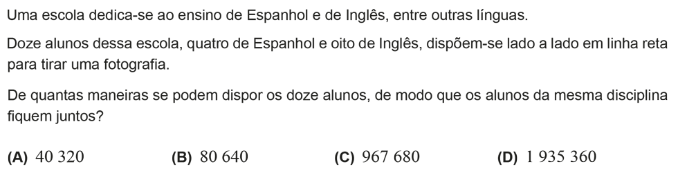 Exercício de escolha múltipla com origem no exame nacional de matemática do 12º ano, publicado em 2018, 1ª fase.