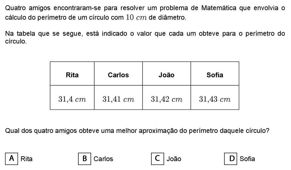 Exercício de escolha múltipla com origem no exame nacional de matemática do 9º ano, publicado em 2005, 1ª fase.