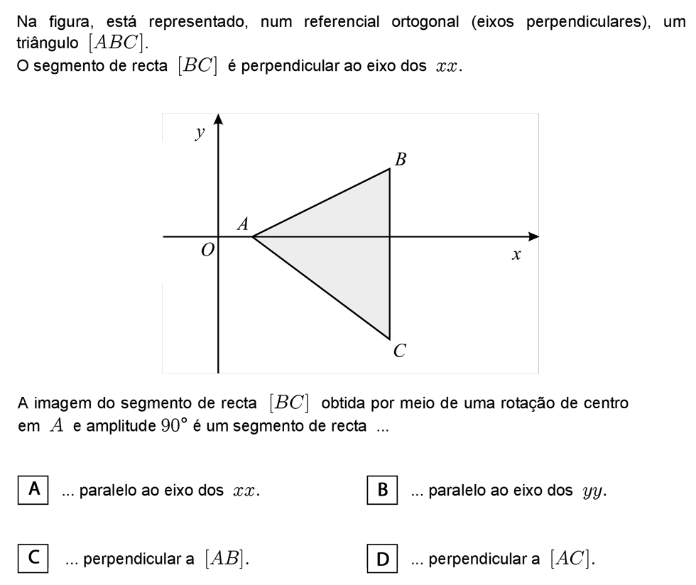 Exercício de escolha múltipla com origem no exame nacional de matemática do 9º ano, publicado em 2005, 2ª fase.