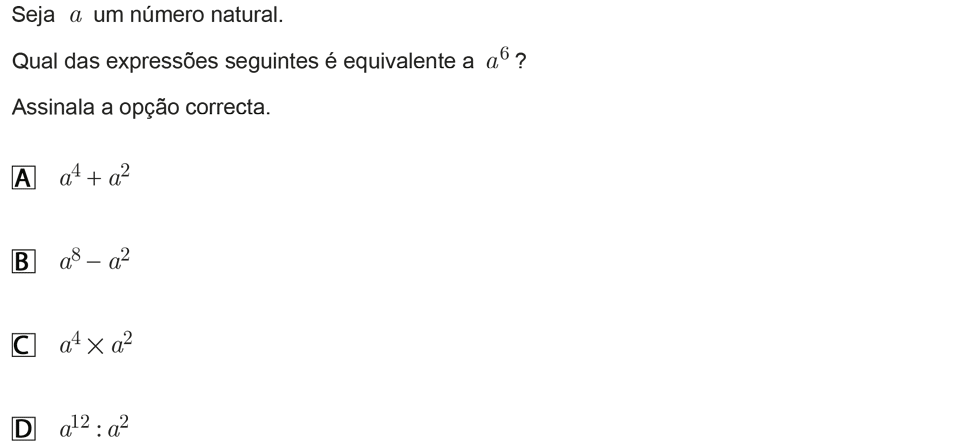 Exercício de escolha múltipla com origem no exame nacional de matemática do 9º ano, publicado em 2011, 1ª fase.