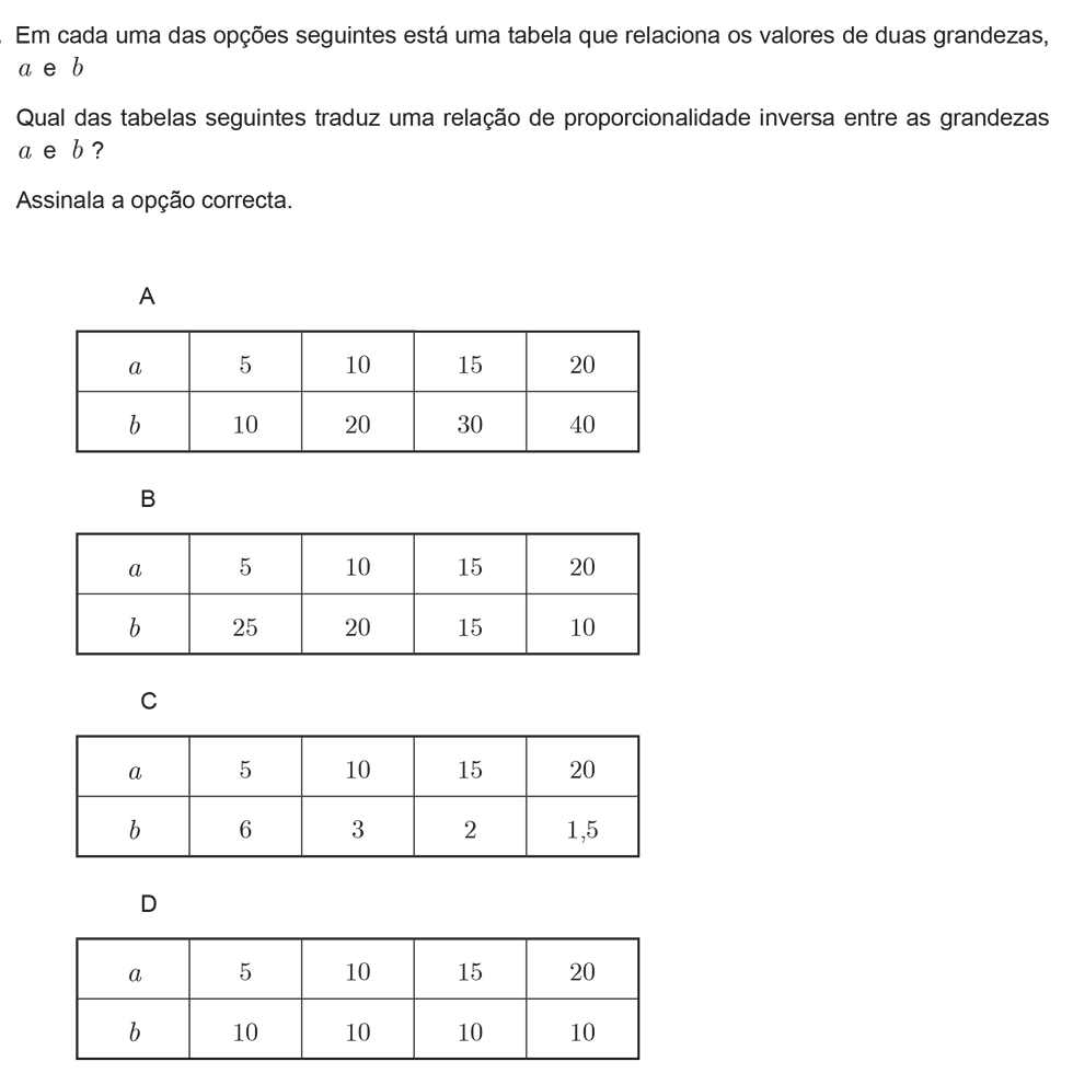 Exercício de escolha múltipla com origem no exame nacional de matemática do 9º ano, publicado em 2011, 2ª fase.