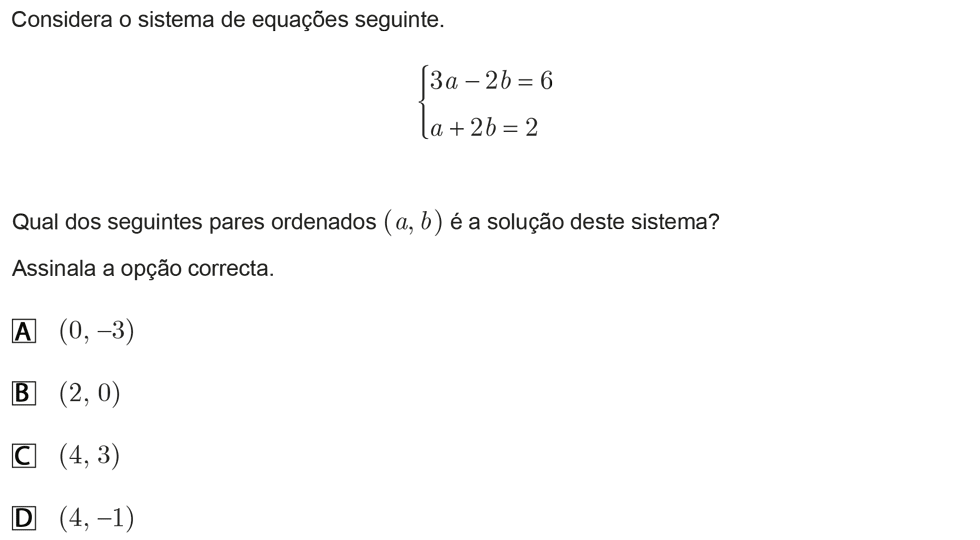 Exercício de escolha múltipla com origem no exame nacional de matemática do 9º ano, publicado em 2011, 3ª fase.