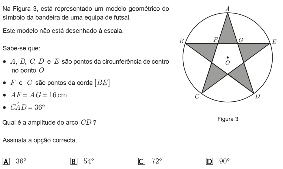 Exercício de escolha múltipla com origem no exame nacional de matemática do 9º ano, publicado em 2011, 3ª fase.