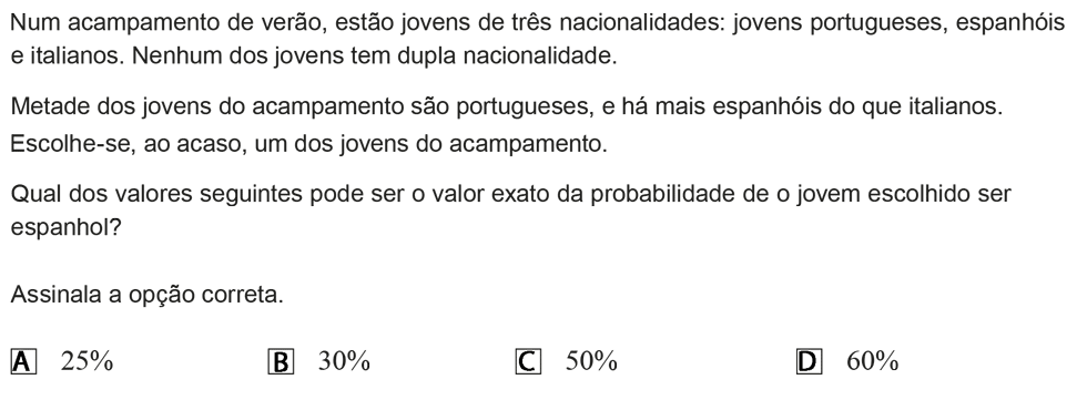 Exercício de escolha múltipla com origem no exame nacional de matemática do 9º ano, publicado em 2012, 1ª fase.