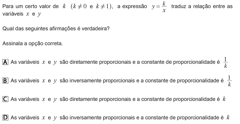 Exercício de escolha múltipla com origem no exame nacional de matemática do 9º ano, publicado em 2012, 1ª fase.