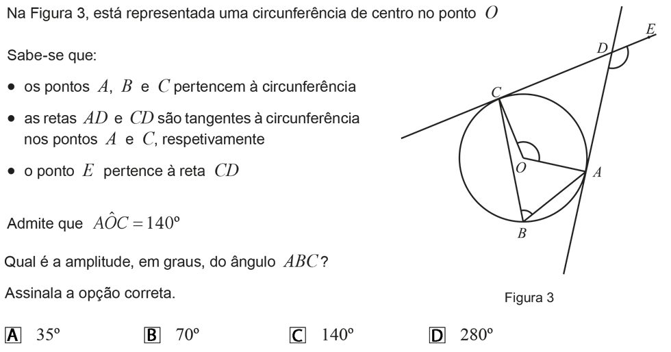 Exercício de escolha múltipla com origem no exame nacional de matemática do 9º ano, publicado em 2012, 2ª fase.