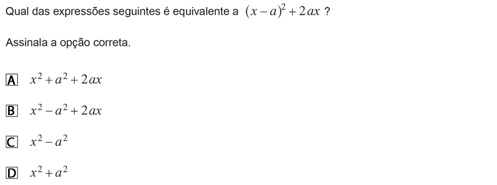 Exercício de escolha múltipla com origem no exame nacional de matemática do 9º ano, publicado em 2012, 2ª fase.