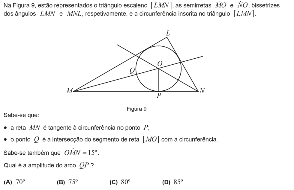 Exercício de escolha múltipla com origem no exame nacional de matemática do 9º ano, publicado em 2016, 1ª fase.