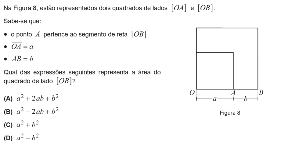Exercício de escolha múltipla com origem no exame nacional de matemática do 9º ano, publicado em 2016, 1ª fase.