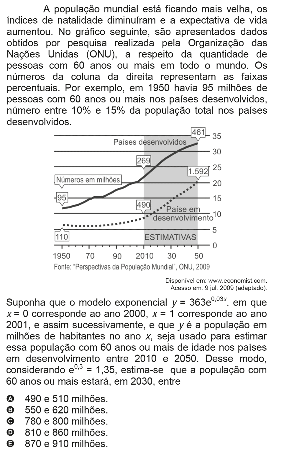 Exercício de escolha múltipla de matemática do ENEM de 2009