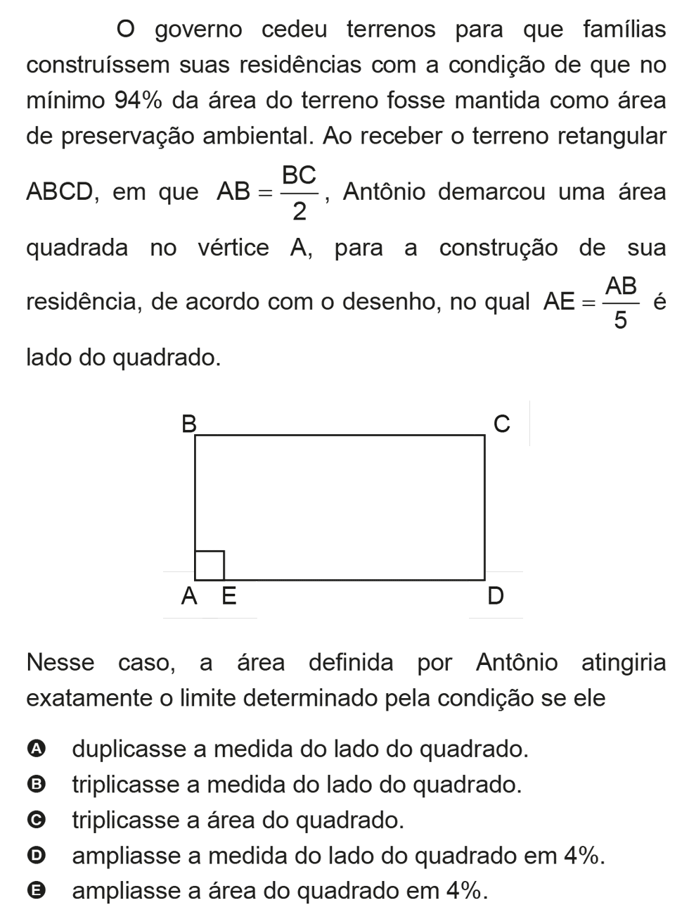 Exercício de escolha múltipla de matemática do ENEM de 2009