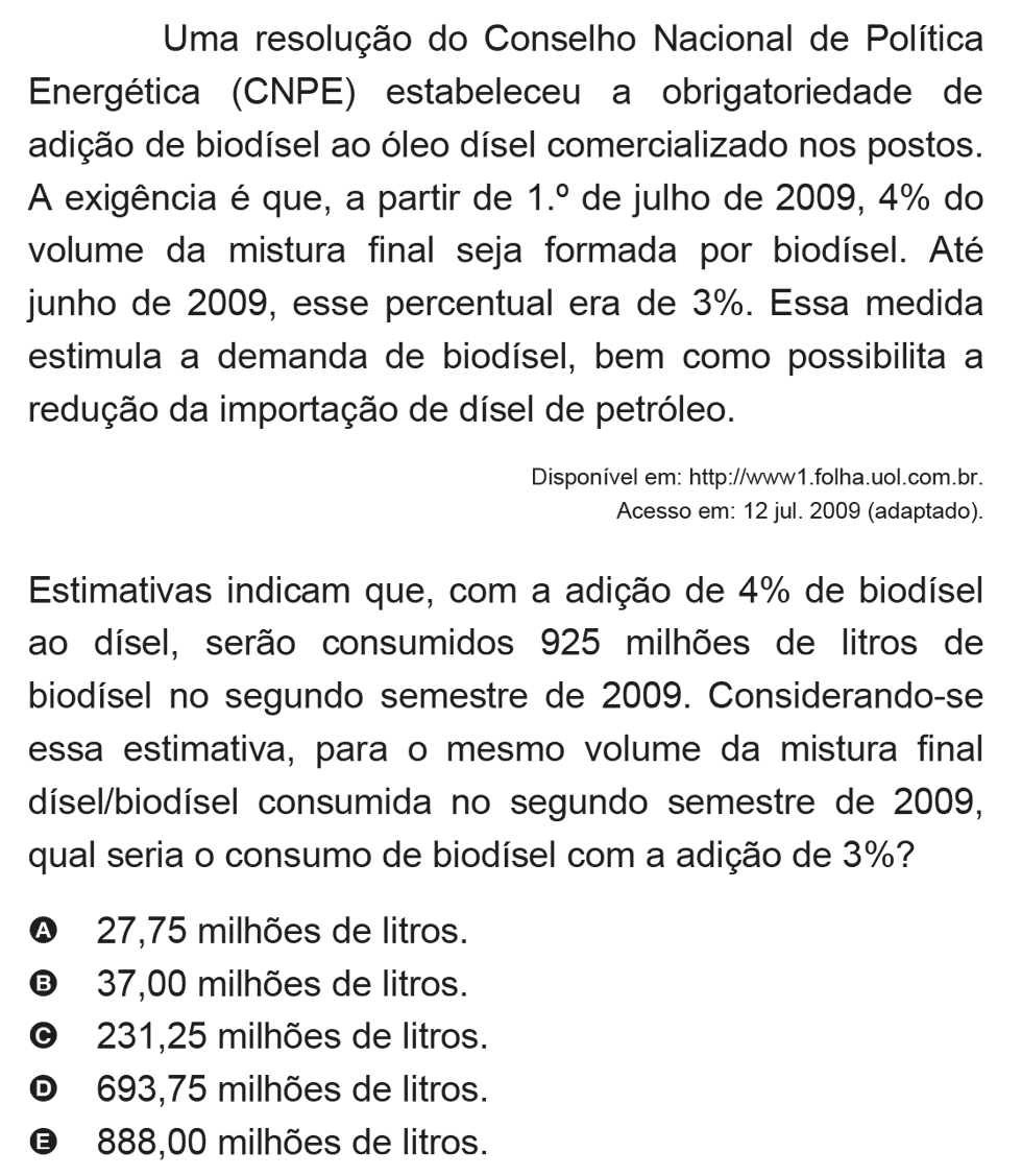 Exercício de escolha múltipla de matemática do ENEM de 2009