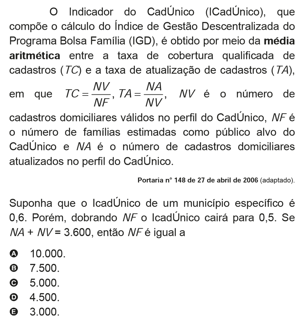 Exercício de escolha múltipla de matemática do ENEM de 2009