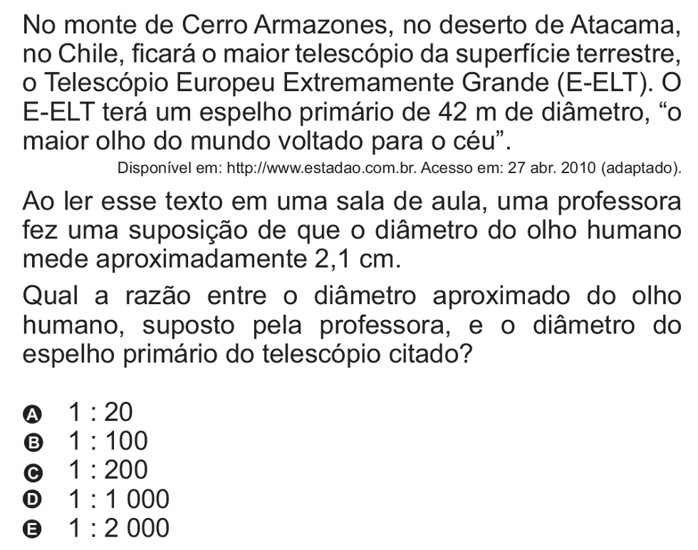 Exercício de escolha múltipla de matemática do ENEM de 2010