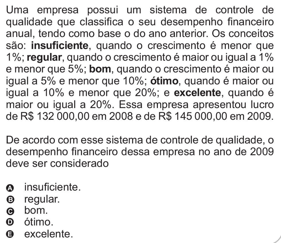 Exercício de escolha múltipla de matemática do ENEM de 2010