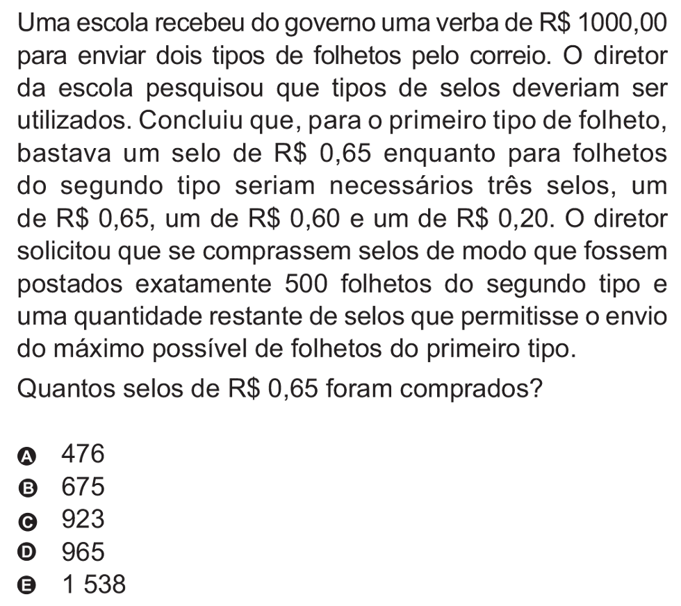 Exercício de escolha múltipla de matemática do ENEM de 2010