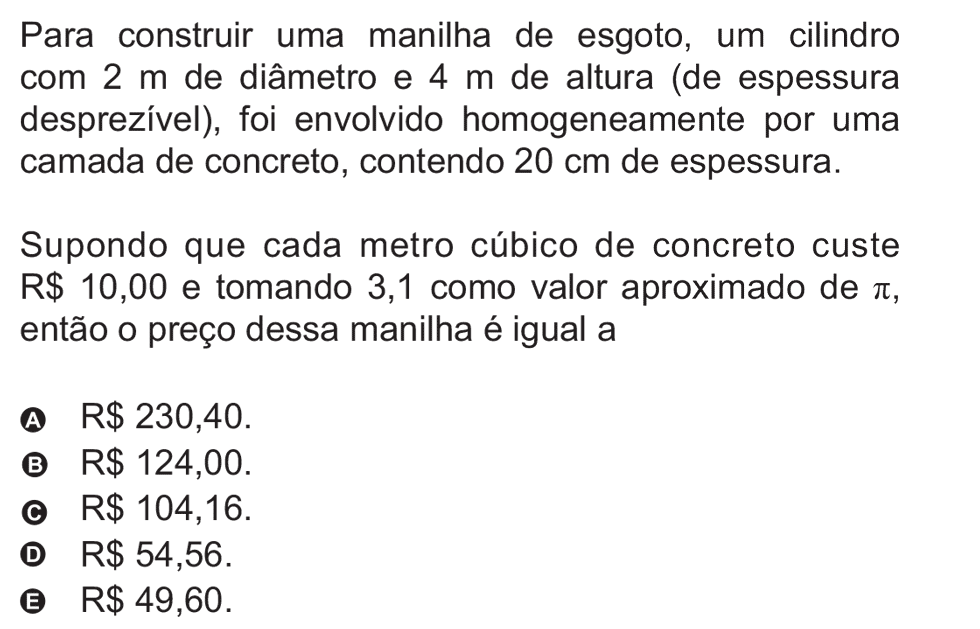 Exercício de escolha múltipla de matemática do ENEM de 2010