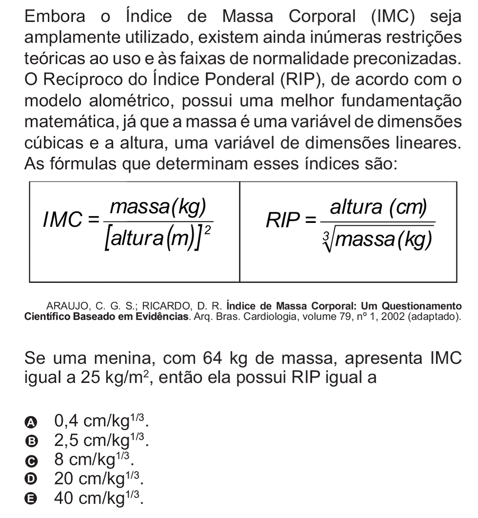 Exercício de escolha múltipla de matemática do ENEM de 2010