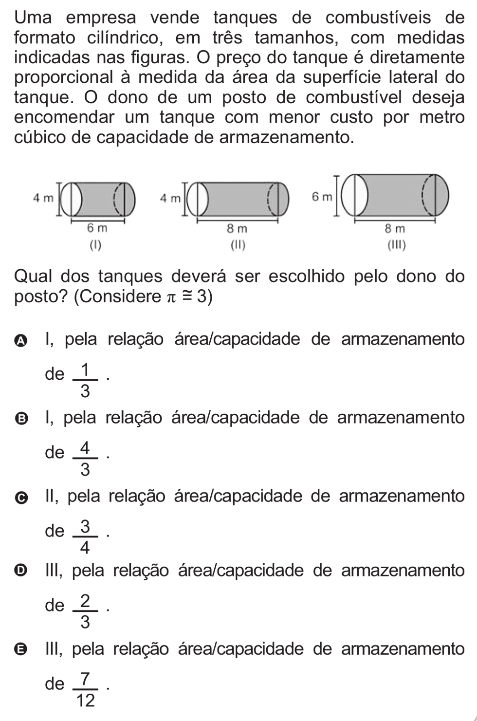 Exercício de escolha múltipla de matemática do ENEM de 2010