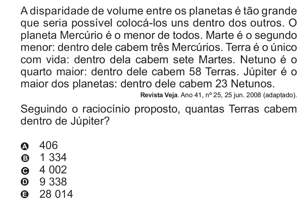 Exercício de escolha múltipla de matemática do ENEM de 2010