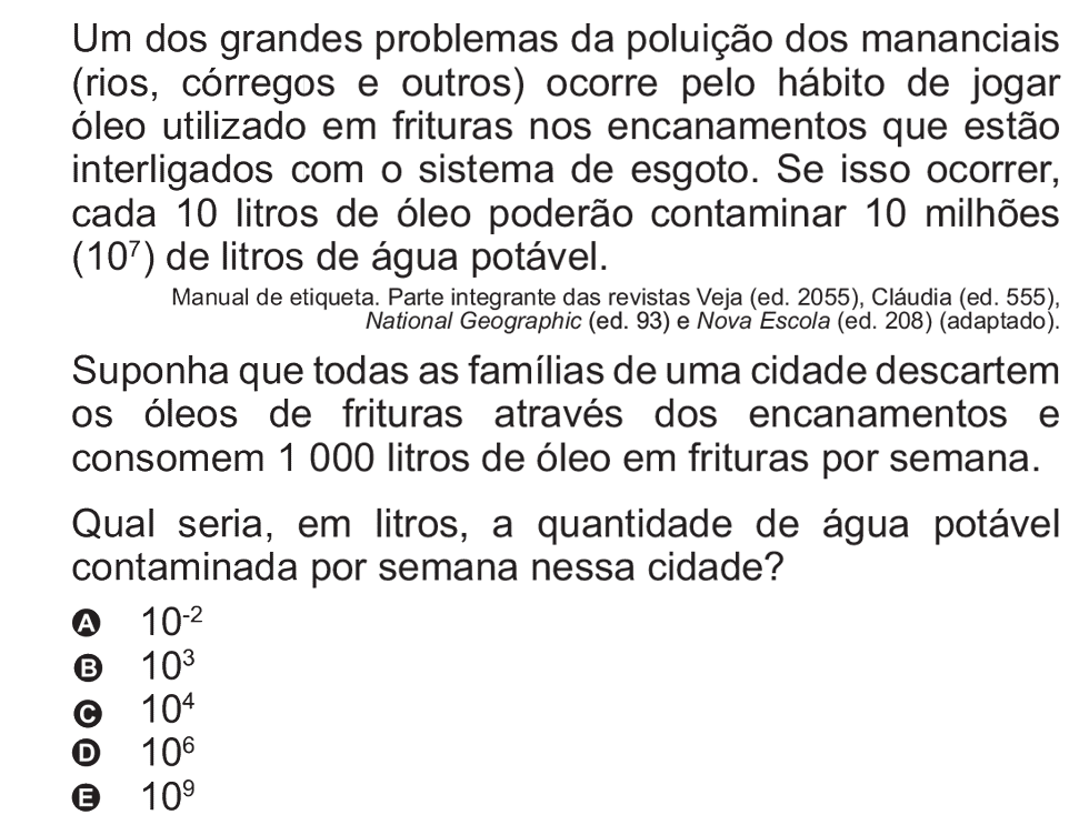 Exercício de escolha múltipla de matemática do ENEM de 2010